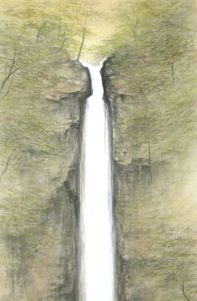 真作】掛軸 玉耕銘 田舎風景と滝描写 伝統的日本画 滝と茅葺き