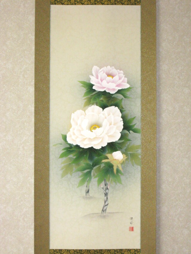 買得 掛け軸 牡丹（ぼたん）◇鈴木優莉（真作・新品）太巻 絵画