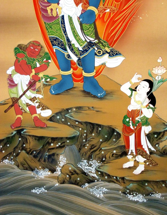 掛け軸 不動明王◇中村永湖（肉筆・新品）太巻・尺八立