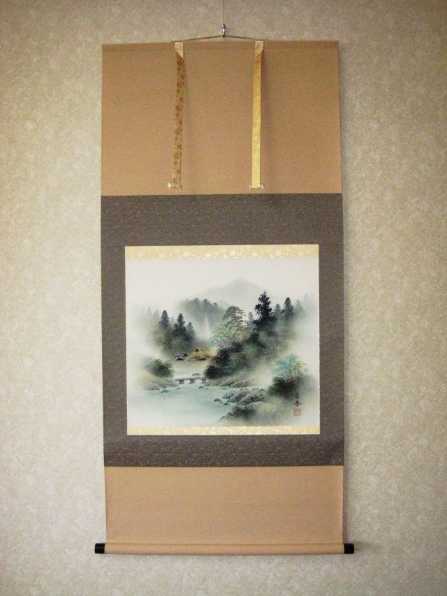 掛け軸 彩色山水◇中野長春（真作・新品）尺八横