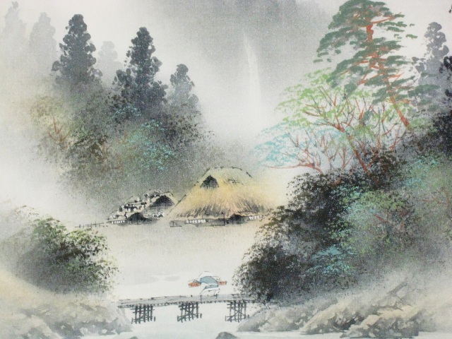 掛け軸 彩色山水◇中野長春（真作・新品）尺八横