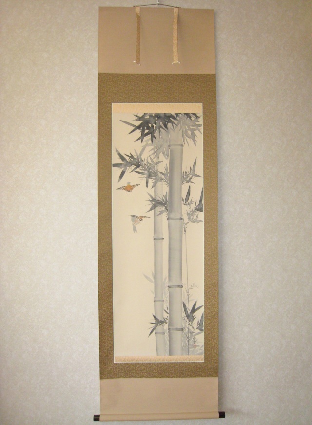 掛け軸「竹に雀」 藤田春穂 九寸立 サイズ:185×39cm 掛け軸 年中