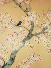 掛け軸　桜に小鳥　浅井新明