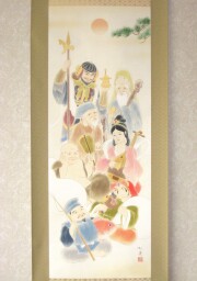 掛け軸　七福神祝宴　白木加葉