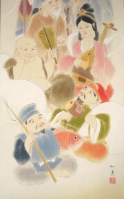 掛け軸　七福神祝宴　白木加葉