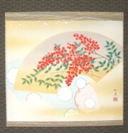掛け軸　扇面 南天　白木加葉