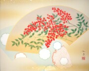 掛け軸　扇面 南天　白木加葉