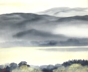 掛け軸　水墨山湖　川村憲邦