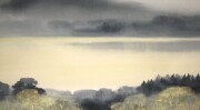 掛け軸　水墨山湖　川村憲邦